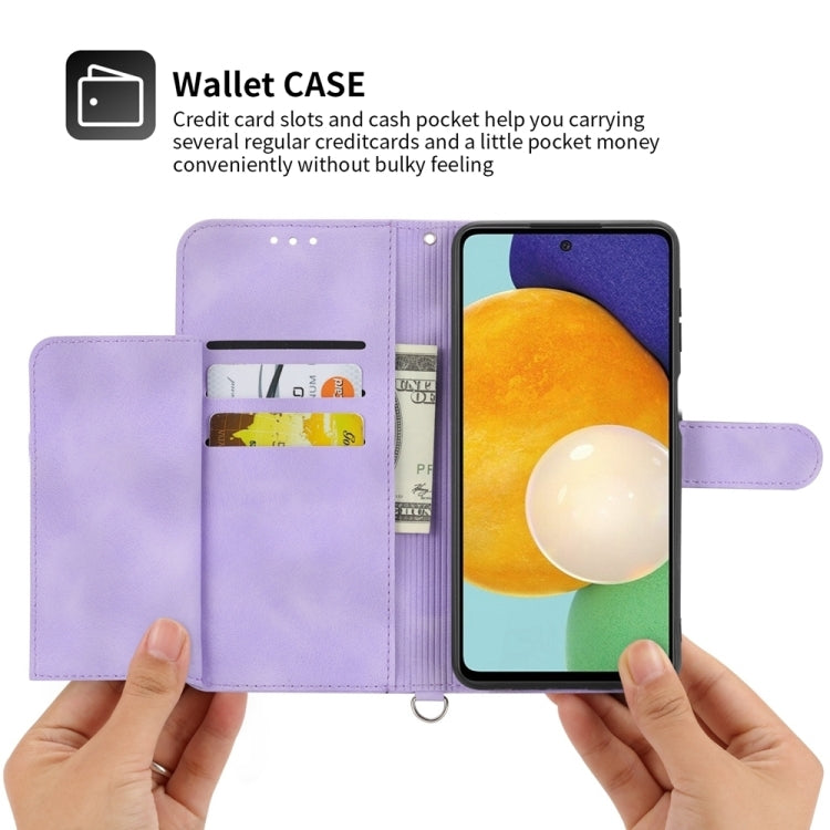 For iPhone 16e Skin-feel Flowers Embossed Wallet Leather Phone Case(Purple) - iPhone 16e Cases by PMC TechLife | Online Shopping South Africa | PMC TechLife | Buy Now Pay Later Mobicred