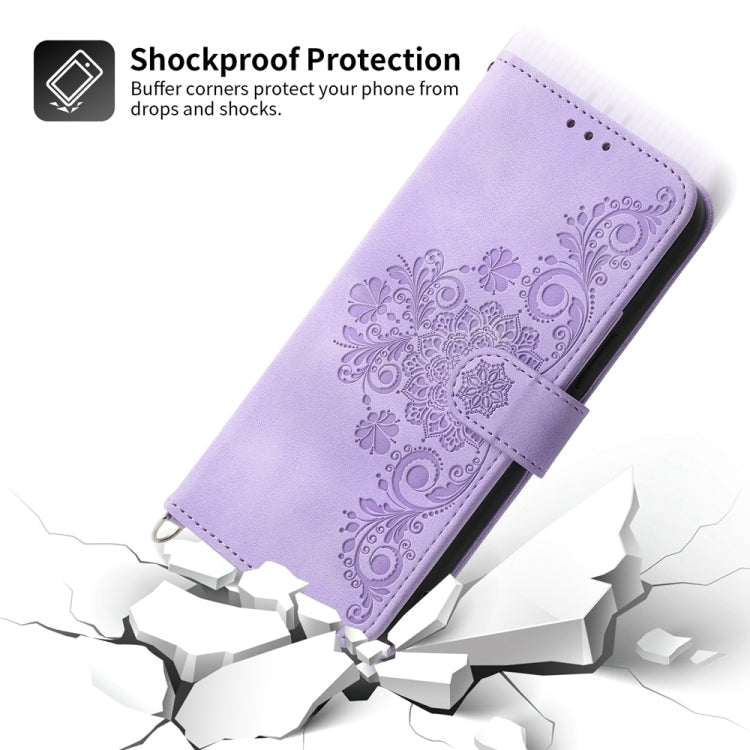 For iPhone 16e Skin-feel Flowers Embossed Wallet Leather Phone Case(Purple) - iPhone 16e Cases by PMC TechLife | Online Shopping South Africa | PMC TechLife | Buy Now Pay Later Mobicred