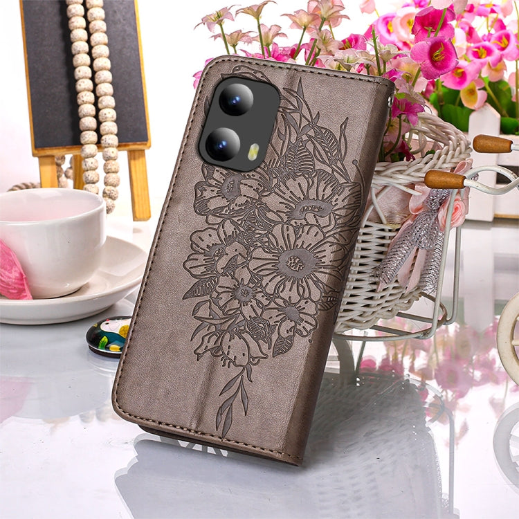 For Motorola Moto G Play 5G 2024 Embossed Butterfly Leather Phone Case(Grey) - Motorola Cases by PMC Jewellery | Online Shopping South Africa | PMC Jewellery | Buy Now Pay Later Mobicred