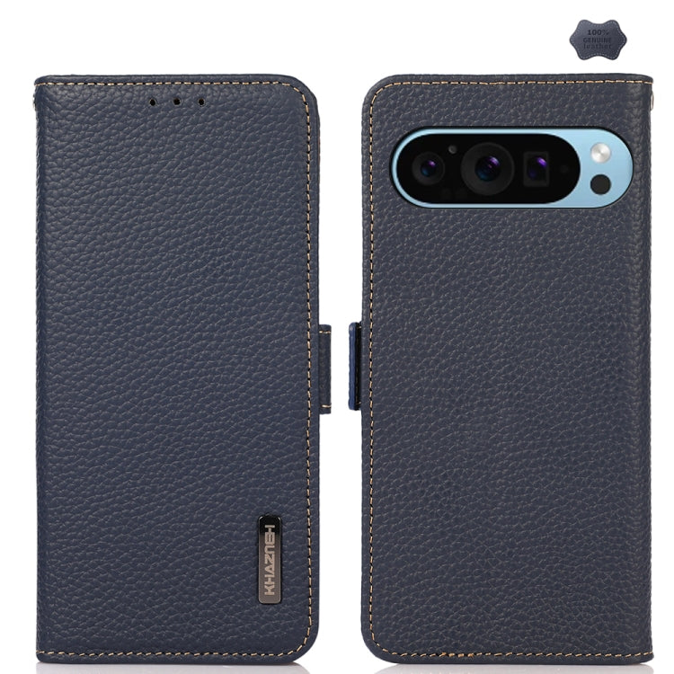 For Google Pixel 9 KHAZNEH Side-Magnetic Litchi Genuine Leather RFID Phone Case(Blue) - Google Cases by PMC Jewellery | Online Shopping South Africa | PMC Jewellery | Buy Now Pay Later Mobicred