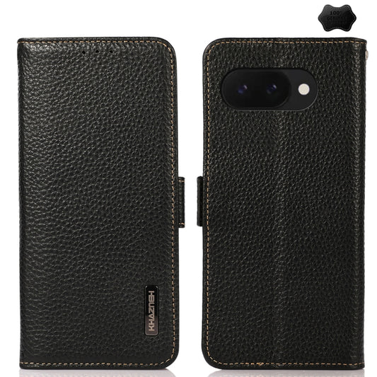 For Google Pixel 9a KHAZNEH Side-Magnetic Litchi Genuine Leather RFID Phone Case(Black) - Google Cases by PMC Jewellery | Online Shopping South Africa | PMC Jewellery | Buy Now Pay Later Mobicred