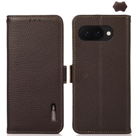 For Google Pixel 9a KHAZNEH Side-Magnetic Litchi Genuine Leather RFID Phone Case(Brown) - Google Cases by PMC Jewellery | Online Shopping South Africa | PMC Jewellery | Buy Now Pay Later Mobicred