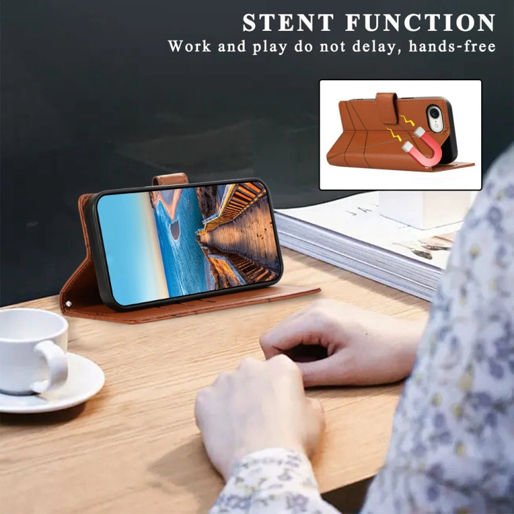 For iPhone 16e PU Genuine Leather Texture Embossed Line Phone Case(Brown) - iPhone 16e Cases by PMC TechLife | Online Shopping South Africa | PMC TechLife | Buy Now Pay Later Mobicred