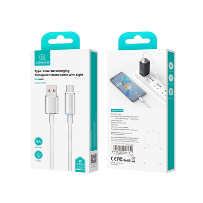 USAMS USB To Type-C 6A Aluminum Alloy Clear LED Fast Charge Data Cable, Length: 1.2m(White) - Multifunction Cable by USAMS | Online Shopping South Africa | PMC Jewellery | Buy Now Pay Later Mobicred