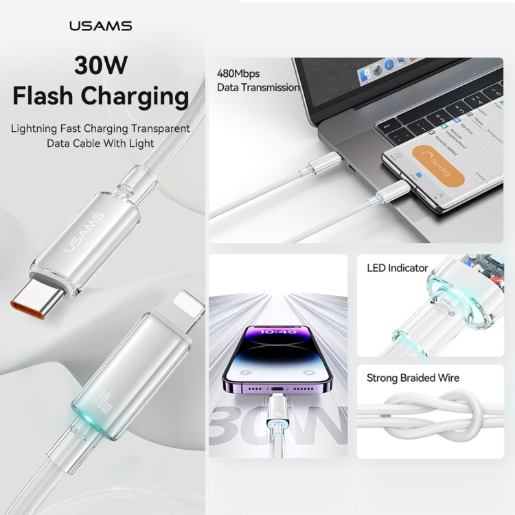 USAMS Type-C To 8 Pin Aluminum Alloy Clear LED 30W PD Fast Charge Data Cable, Length:1.2m(White) - 2 in 1 Cable by USAMS | Online Shopping South Africa | PMC Jewellery | Buy Now Pay Later Mobicred