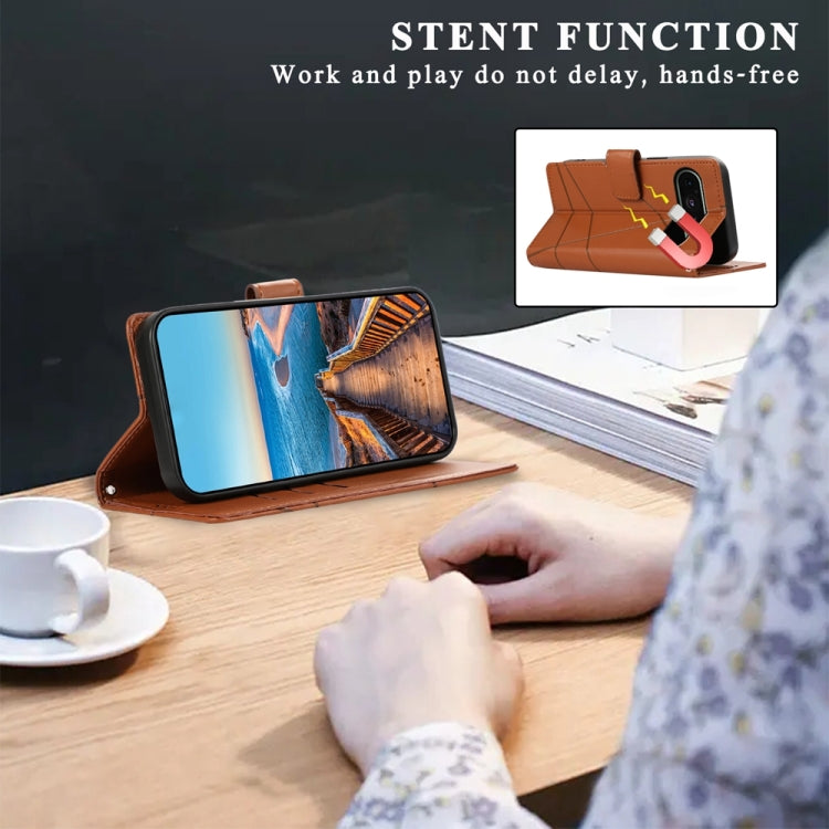 For Google Pixel 9 PU Genuine Leather Texture Embossed Line Phone Case(Brown) - Google Cases by PMC TechLife | Online Shopping South Africa | PMC TechLife | Buy Now Pay Later Mobicred