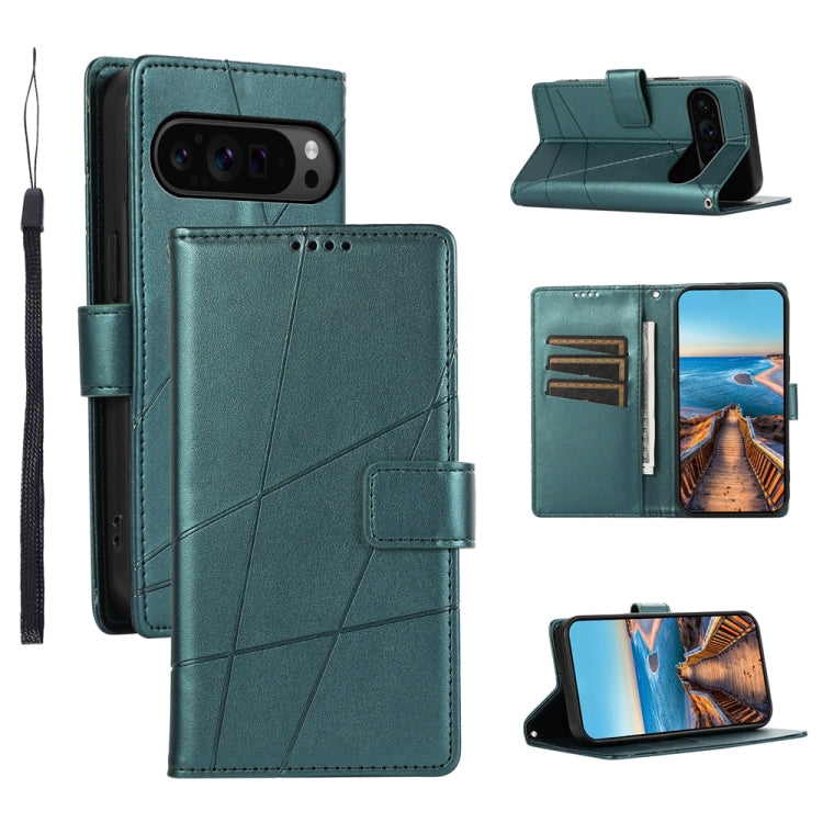 For Google Pixel 9 Pro PU Genuine Leather Texture Embossed Line Phone Case(Green) - Google Cases by PMC TechLife | Online Shopping South Africa | PMC TechLife | Buy Now Pay Later Mobicred