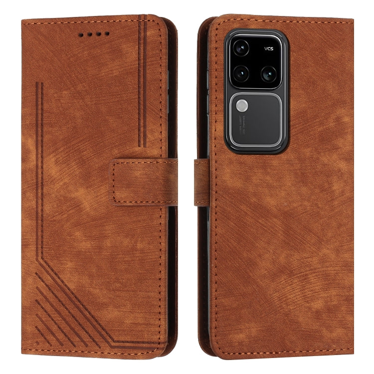 For vivo S18 / S18 Pro Skin Feel Stripe Pattern Leather Phone Case with Lanyard(Brown) - S18 Cases by PMC TechLife | Online Shopping South Africa | PMC TechLife | Buy Now Pay Later Mobicred