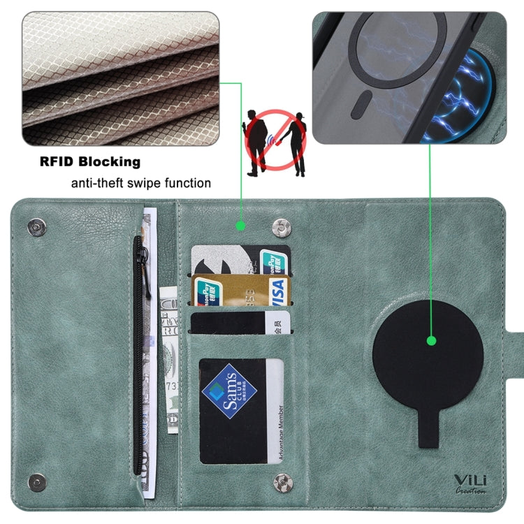For iPhone 15 ViLi GV Series MagSafe Magnetic Zipper Leather Phone Case(Green) - free shipping - PMC Jewellery - Order now!