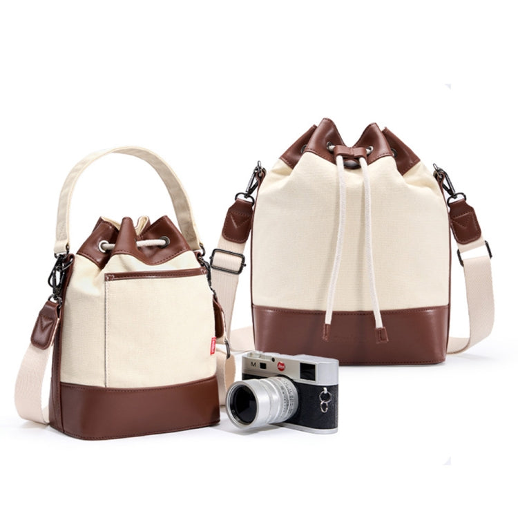 Cwatcun D100 Canvas PU Waterproof Bundle Drawstring Lens Bag Crossbody Camera Bag, Size:20 x 11 x 26cm(Beige) - free shipping - PMC TechLife - Order now!