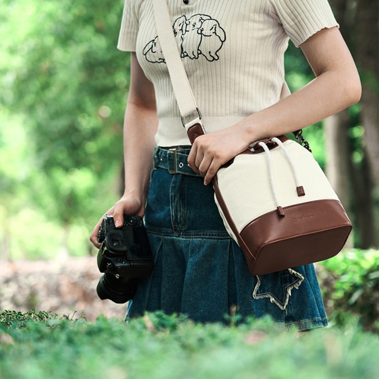 Cwatcun D100 Canvas PU Waterproof Bundle Drawstring Lens Bag Crossbody Camera Bag, Size:22 x 12 x 31cm(Beige) - free shipping - PMC TechLife - Order now!