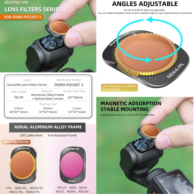 For DJI OSMO Pocket 3 Sunnylife Camera Lens Magnetic Metal Filter, Filter:4 in 1 ND8/16/32/64PL - free shipping - PMC TechLife - Order now!