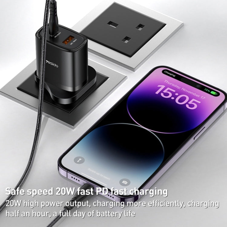 Yesido YC46 PD20W USB-C / Type-C + USB Travel Charger with 1m Type-C to 8 Pin Cable, UK Plug(Black) - USB Charger by Yesido | Online Shopping South Africa | PMC Jewellery | Buy Now Pay Later Mobicred