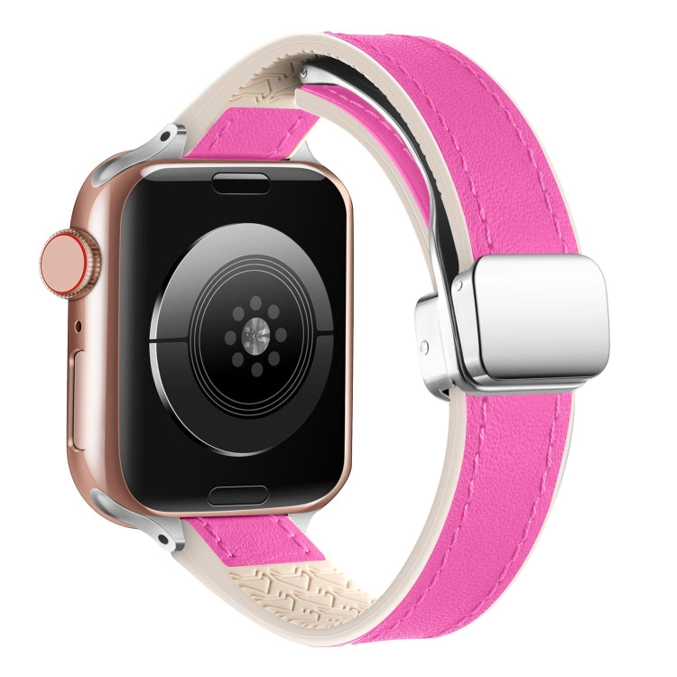 For Apple Watch SE 2023 44mm Magnetic Folding Leather Silicone Watch Band(Rose Red) - Watch Bands by PMC TechLife | Online Shopping South Africa | PMC TechLife