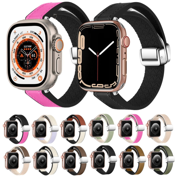 For Apple Watch SE 2023 40mm Magnetic Folding Leather Silicone Watch Band(Rose Pink on Black) - Watch Bands by PMC Jewellery | Online Shopping South Africa | PMC Jewellery