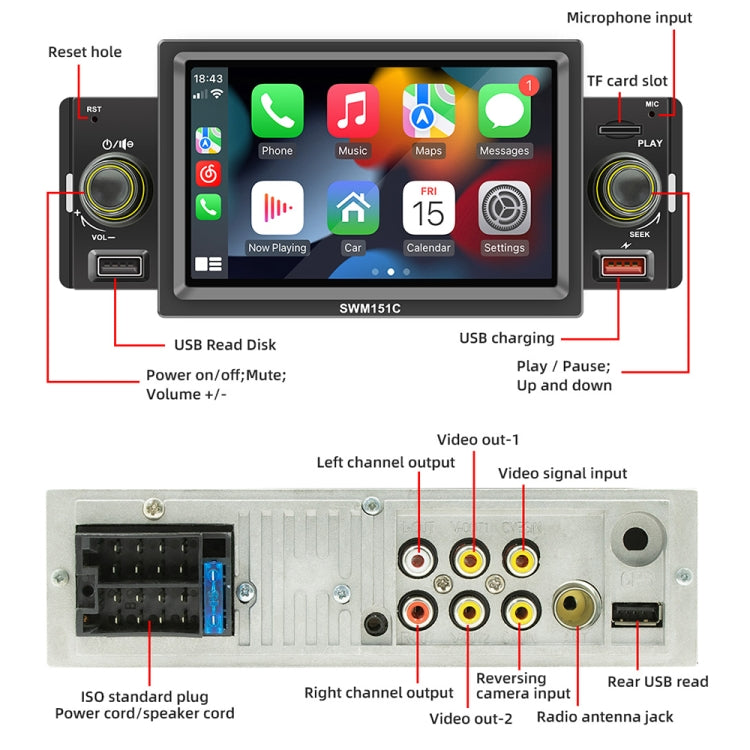 SWM151C 5 inch Portable Car MP5 Player Support CarPlay / Android Auto(Black) - free shipping - PMC TechLife - Order now!