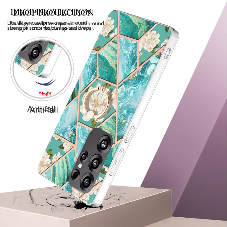 For Samsung Galaxy S25 Ultra 5G Electroplating Splicing Marble Flower Pattern TPU Shockproof Case with Rhinestone Ring Holder(Blue Flower) - Galaxy S25 Ultra 5G Cases by PMC TechLife | Online Shopping South Africa | PMC TechLife | Buy Now Pay Later Mobicred