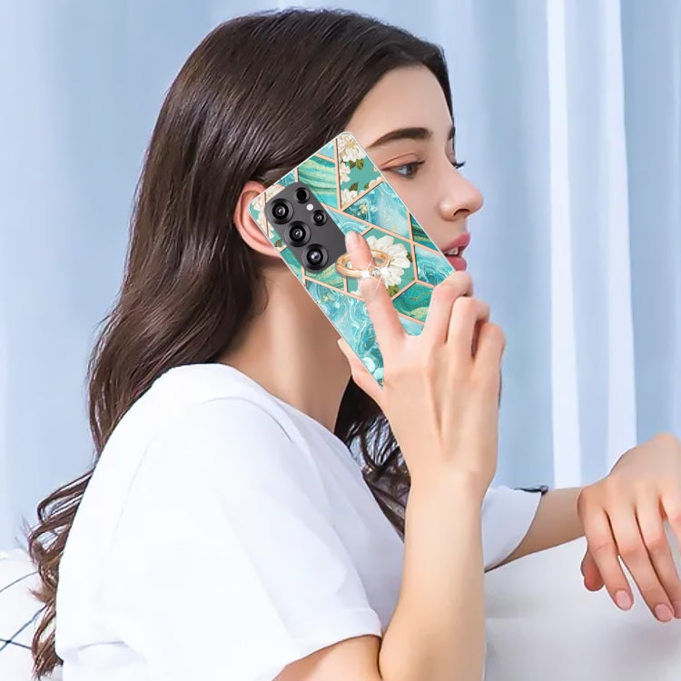 For Samsung Galaxy S25 Ultra 5G Electroplating Splicing Marble Flower Pattern TPU Shockproof Case with Rhinestone Ring Holder(Blue Flower) - Galaxy S25 Ultra 5G Cases by PMC TechLife | Online Shopping South Africa | PMC TechLife | Buy Now Pay Later Mobicred
