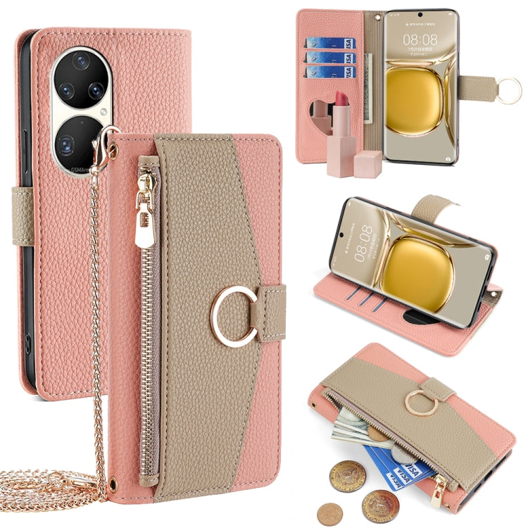 For Huawei P50 Pro Crossbody Litchi Texture Leather Phone Case(Pink) - Huawei Cases by PMC TechLife | Online Shopping South Africa | PMC TechLife | Buy Now Pay Later Mobicred