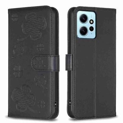 For Xiaomi Redmi Note 12 4G Global Four-leaf Embossed Leather Phone Case(Black) - Xiaomi Cases by PMC Jewellery | Online Shopping South Africa | PMC Jewellery | Buy Now Pay Later Mobicred