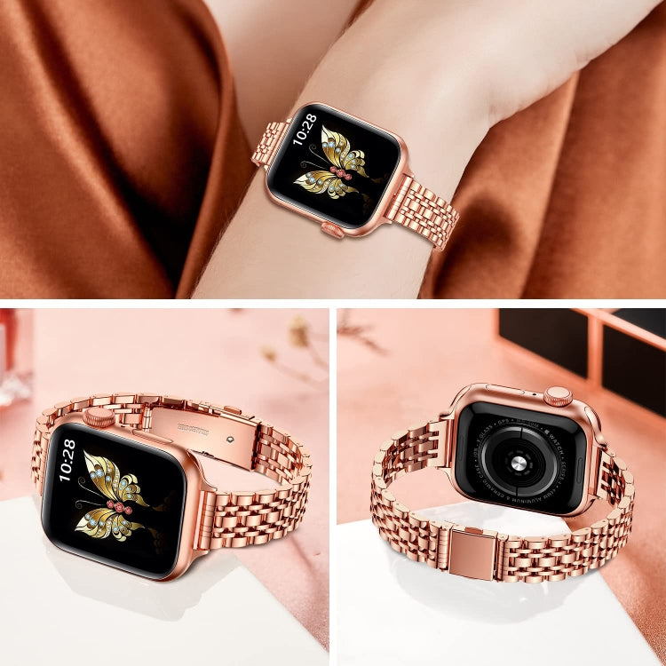 For Apple Watch SE 44mm Slim Seven Bead Slingshot Buckle Metal Watch Band(Rose Gold) - Watch Bands by PMC Jewellery | Online Shopping South Africa | PMC Jewellery