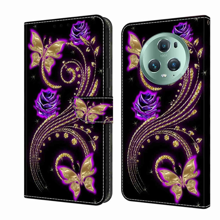 For Honor Magic5 Pro Crystal 3D Shockproof Protective Leather Phone Case(Purple Flower Butterfly) - Honor Cases by PMC TechLife | Online Shopping South Africa | PMC TechLife | Buy Now Pay Later Mobicred