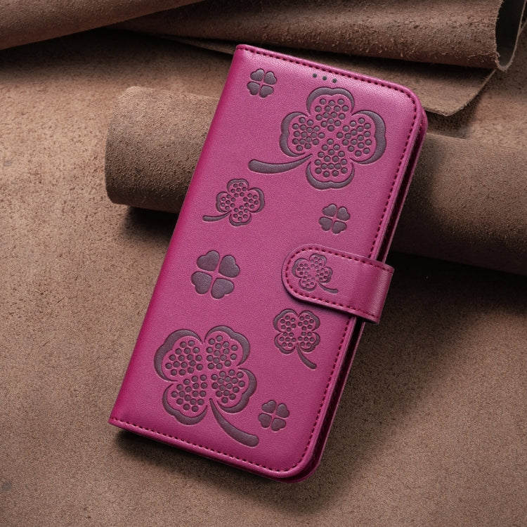 For iPhone 16 Pro Max Four-leaf Embossed Leather Phone Case(Rose Red) - iPhone 16 Pro Max Cases by PMC Jewellery | Online Shopping South Africa | PMC Jewellery | Buy Now Pay Later Mobicred