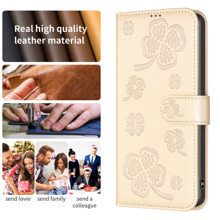 For iPhone 16 Plus Four-leaf Embossed Leather Phone Case(Gold) - iPhone 16 Plus Cases by PMC Jewellery | Online Shopping South Africa | PMC Jewellery | Buy Now Pay Later Mobicred