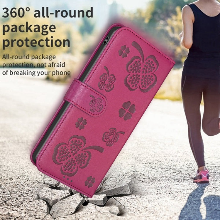 For iPhone 16 Four-leaf Embossed Leather Phone Case(Rose Red) - iPhone 16 Cases by PMC TechLife | Online Shopping South Africa | PMC TechLife | Buy Now Pay Later Mobicred
