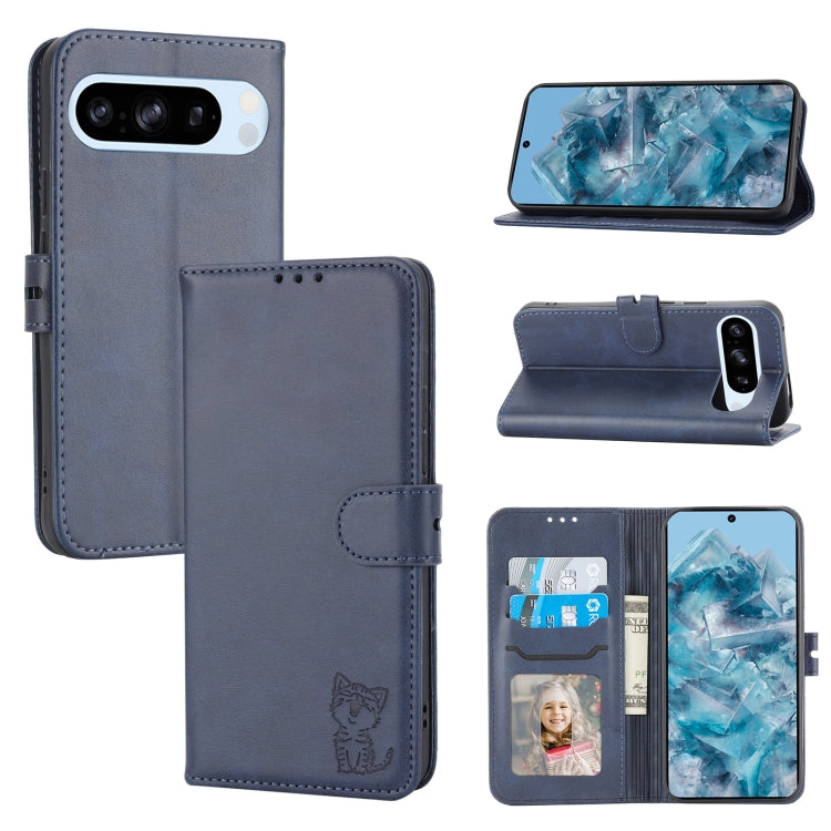 For Google Pixel 9 Embossed Happy Cat Pattern Flip Leather Phone Case(Blue) - Google Cases by PMC TechLife | Online Shopping South Africa | PMC TechLife | Buy Now Pay Later Mobicred