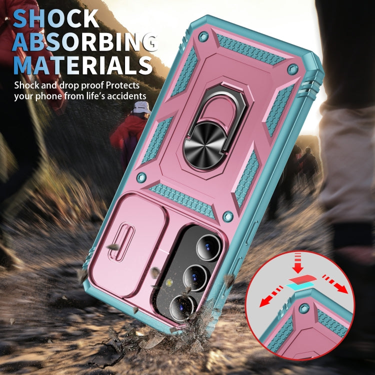 For Samsung Galaxy S24 5G Sliding Camshield TPU + PC Phone Case with Holder(Pink+Green) - Galaxy S24 5G Cases by PMC TechLife | Online Shopping South Africa | PMC TechLife