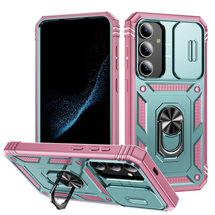 For Samsung Galaxy S24 5G Sliding Camshield TPU + PC Phone Case with Holder(Green+Pink) - Galaxy S24 5G Cases by PMC TechLife | Online Shopping South Africa | PMC TechLife