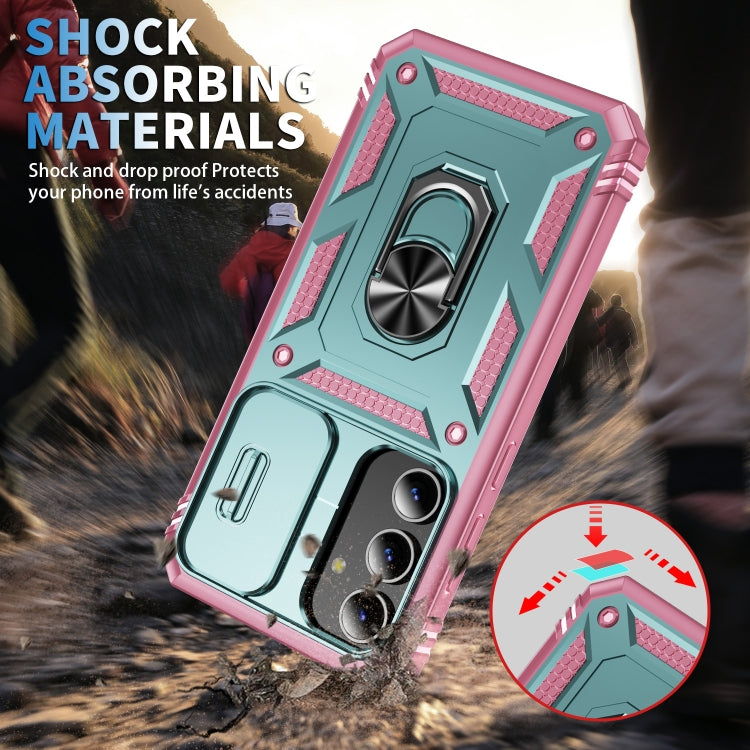 For Samsung Galaxy S24 5G Sliding Camshield TPU + PC Phone Case with Holder(Green+Pink) - Galaxy S24 5G Cases by PMC TechLife | Online Shopping South Africa | PMC TechLife
