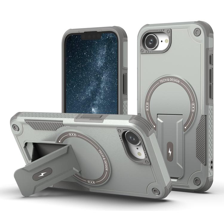 For iPhone 16e Armor Magsafe Holder PC Hybrid TPU Phone Case(Grey) - iPhone 16e Cases by PMC TechLife | Online Shopping South Africa | PMC TechLife | Buy Now Pay Later Mobicred