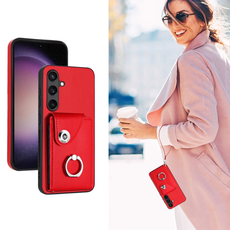 For Samsung Galaxy S24+ 5G Organ Card Bag Ring Holder PU Phone Case with Lanyard(Red) - Galaxy S24+ 5G Cases by PMC Jewellery | Online Shopping South Africa | PMC Jewellery