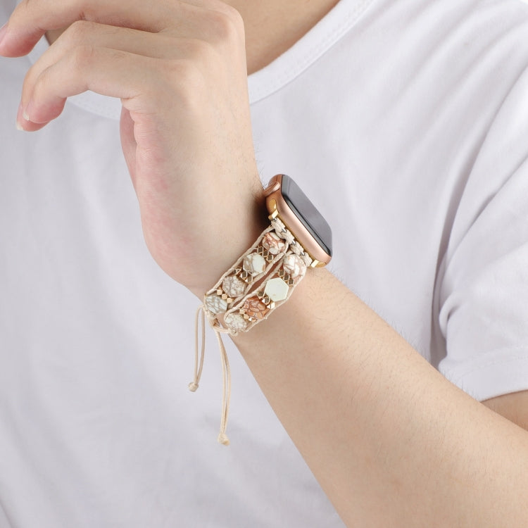 For Apple Watch Series 8 45mm Hexagonal Stones Drawstring Chain Watch Band(Beige) - Watch Bands by PMC TechLife | Online Shopping South Africa | PMC TechLife