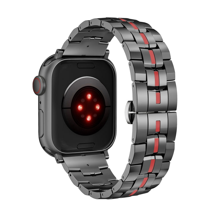 For Apple Watch Series 7 41mm Butterfly Buckle 5-Beads Metal Watch Band(Black Red) - Watch Bands by PMC Jewellery | Online Shopping South Africa | PMC Jewellery