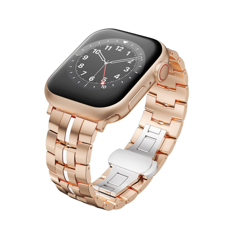 For Apple Watch Series 4 44mm Butterfly Buckle 5-Beads Metal Watch Band(Rose Gold White) - Watch Bands by PMC Jewellery | Online Shopping South Africa | PMC Jewellery