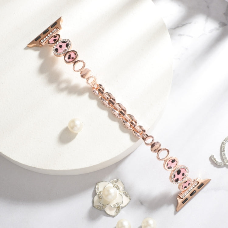 For Apple Watch 38mm Leopard Rhinestones Metal Chain Watch Band(Rose Gold) - Watch Bands by PMC Jewellery | Online Shopping South Africa | PMC Jewellery