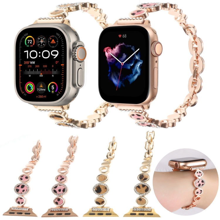 For Apple Watch 42mm Leopard Rhinestones Metal Chain Watch Band(Gold) - Watch Bands by PMC TechLife | Online Shopping South Africa | PMC TechLife