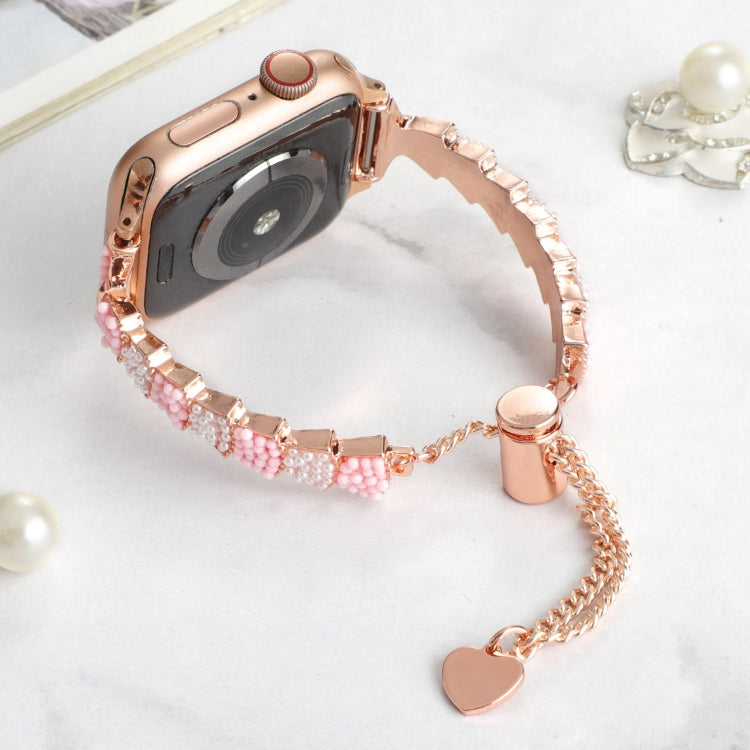 For Apple Watch Series 8 45mm Shell Beads Chain Bracelet Metal Watch Band(Pink White Rose Gold) - Watch Bands by PMC Jewellery | Online Shopping South Africa | PMC Jewellery