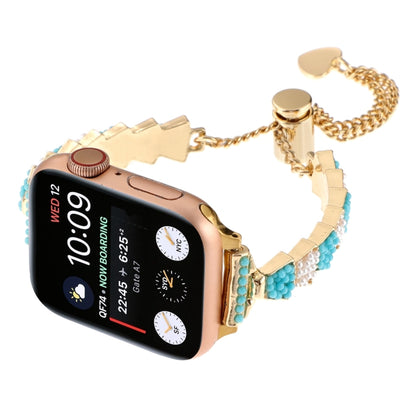 For Apple Watch SE 44mm Shell Beads Chain Bracelet Metal Watch Band(Blue White Gold) - Watch Bands by PMC Jewellery | Online Shopping South Africa | PMC Jewellery