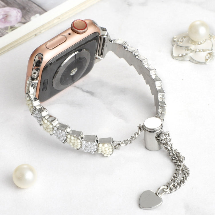 For Apple Watch SE 44mm Shell Beads Chain Bracelet Metal Watch Band(Beige White Silver) - Watch Bands by PMC TechLife | Online Shopping South Africa | PMC TechLife