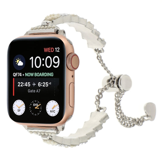 For Apple Watch Series 4 44mm Shell Beads Chain Bracelet Metal Watch Band(Beige White Silver) - Watch Bands by PMC Jewellery | Online Shopping South Africa | PMC Jewellery