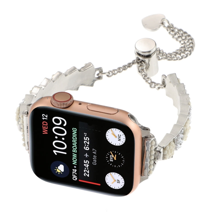 For Apple Watch 42mm Shell Beads Chain Bracelet Metal Watch Band(Beige White Silver) - Watch Bands by PMC TechLife | Online Shopping South Africa | PMC TechLife