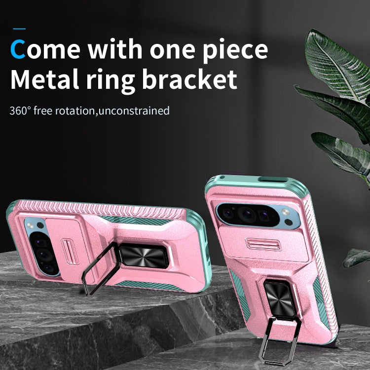 For Google Pixel 9 / Pixel 9 Pro Sliding Camshield Holder Phone Case(Pink + Grey Green) - Google Cases by PMC TechLife | Online Shopping South Africa | PMC TechLife | Buy Now Pay Later Mobicred