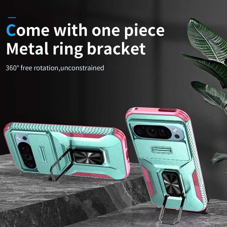 For Google Pixel 9 / Pixel 9 Pro Sliding Camshield Holder Phone Case(Grey Green + Pink) - Google Cases by PMC TechLife | Online Shopping South Africa | PMC TechLife | Buy Now Pay Later Mobicred