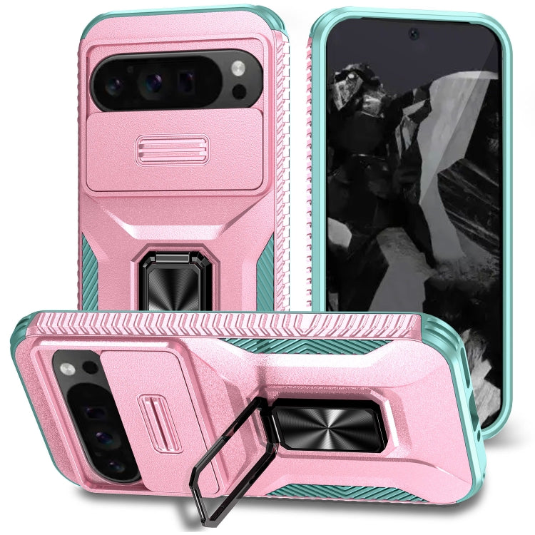 For Google Pixel 9 Pro XL Sliding Camshield Holder Phone Case(Pink + Grey Green) - Google Cases by PMC TechLife | Online Shopping South Africa | PMC TechLife | Buy Now Pay Later Mobicred