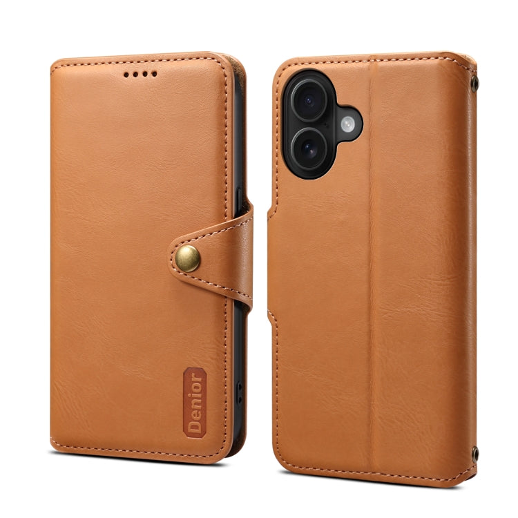 For iPhone 16 Denior Cowhide Texture Wallet Style Leather Phone Case(Khaki) - iPhone 16 Cases by Denior | Online Shopping South Africa | PMC Jewellery | Buy Now Pay Later Mobicred