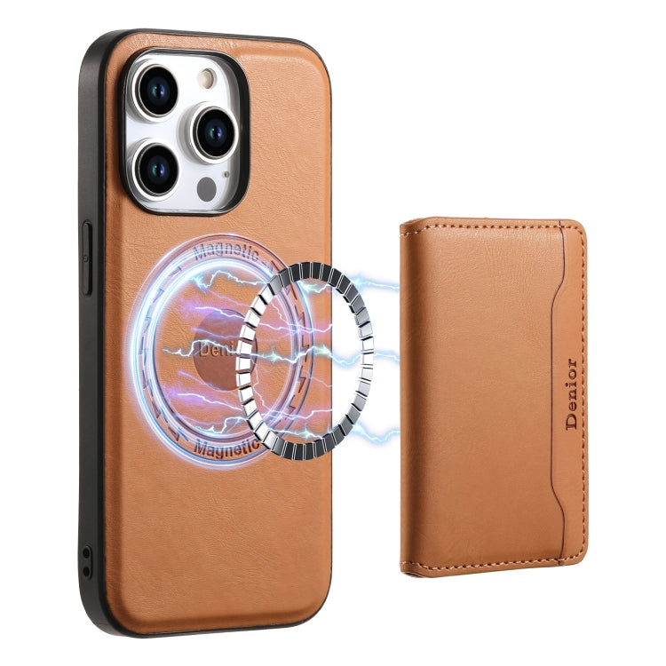 For iPhone 15 Pro Max Denior Cowhide Texture Leather MagSafe Detachable Wallet Phone Case(Khaki) - iPhone 15 Pro Max Cases by Denior | Online Shopping South Africa | PMC Jewellery | Buy Now Pay Later Mobicred